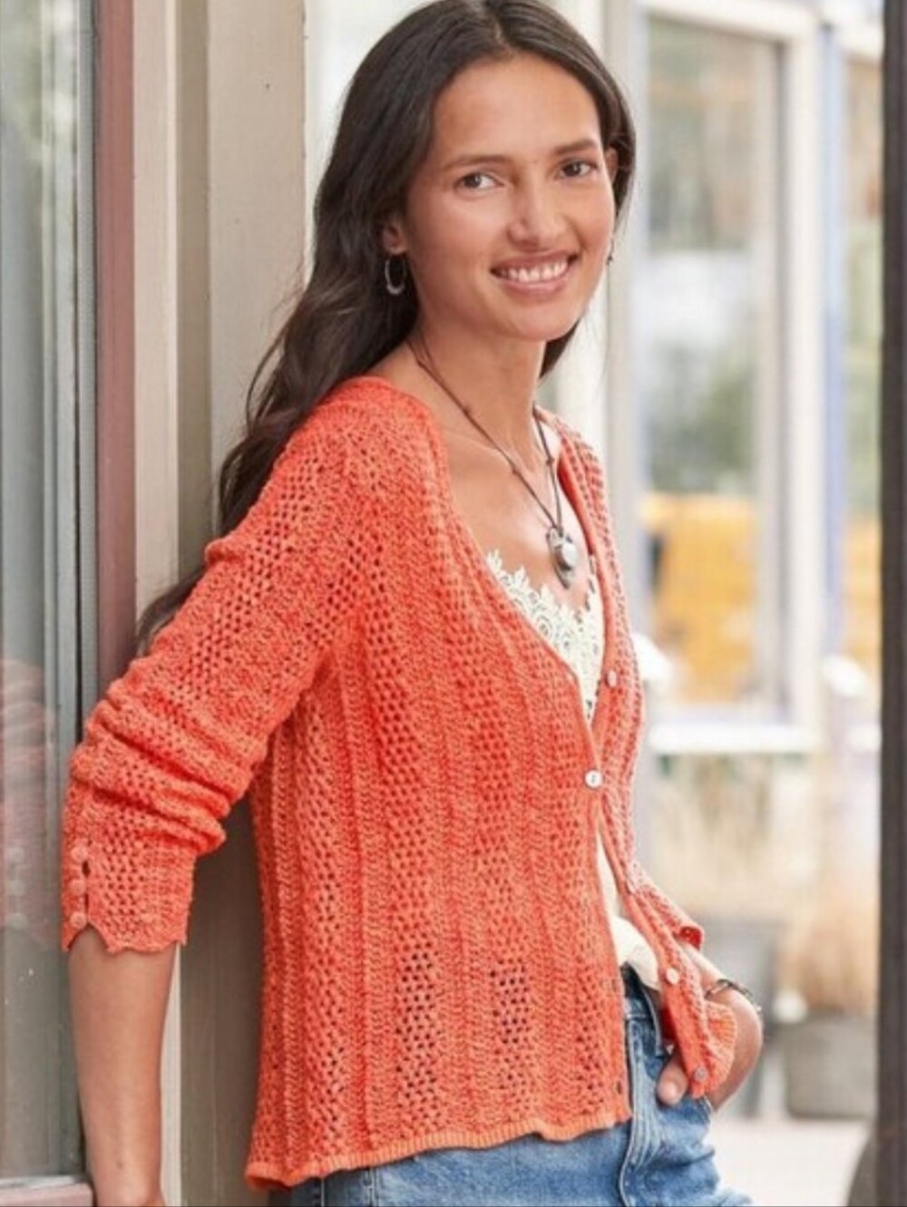 Sundance Coral Open-Knit Button Front Cardigan Sweater Boho Cottage Hippie Large
